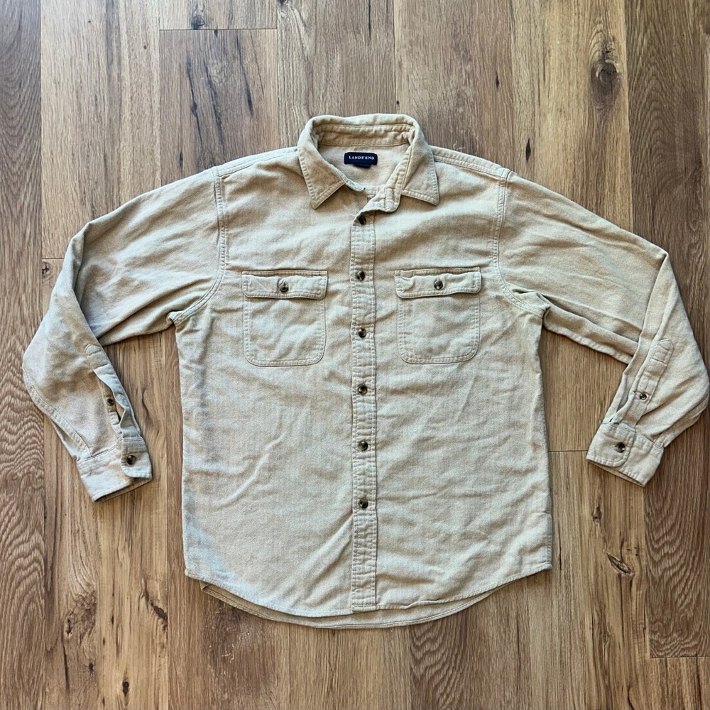 Lands End Mens Herringbone Flannel Button Down Shirt Tan‎ Khaki Long Sleeve L